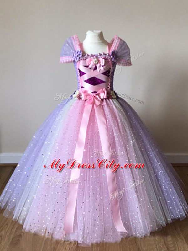 Cap Sleeves Tulle Floor Length Side Zipper Girls Pageant Dresses in Multi-color with Sequins and Bowknot