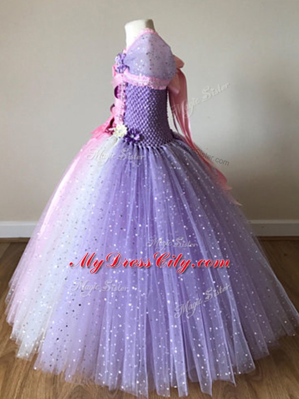 Cap Sleeves Tulle Floor Length Side Zipper Girls Pageant Dresses in Multi-color with Sequins and Bowknot