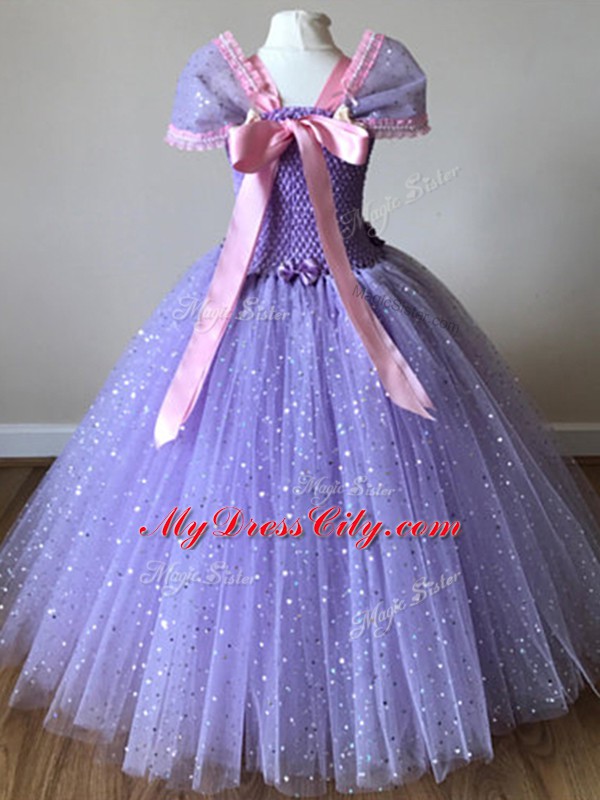 Cap Sleeves Tulle Floor Length Side Zipper Girls Pageant Dresses in Multi-color with Sequins and Bowknot