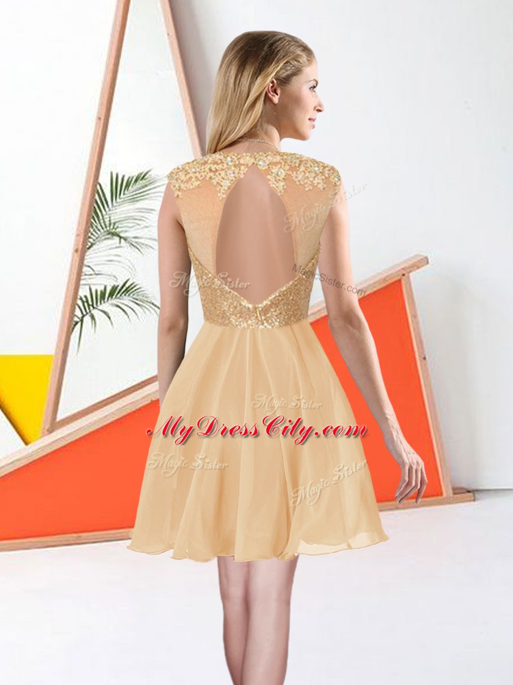 Champagne A-line Bateau Sleeveless Chiffon Knee Length Backless Beading and Lace Bridesmaid Gown