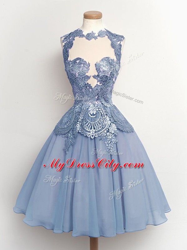 Comfortable Lace Bridesmaid Dresses Light Blue Lace Up Sleeveless Knee Length