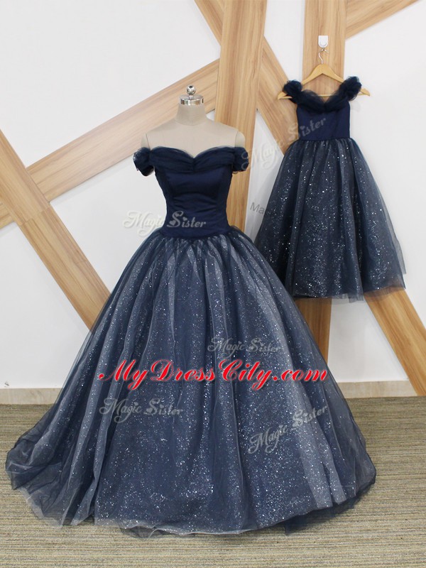 Off The Shoulder Sleeveless Prom Dresses Brush Train Ruching Navy Blue Tulle