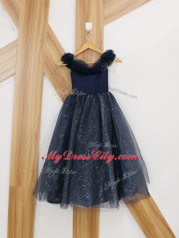 Off The Shoulder Sleeveless Prom Dresses Brush Train Ruching Navy Blue Tulle