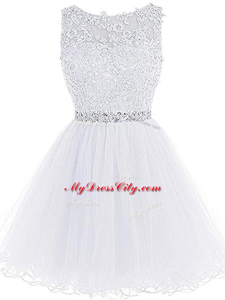 Mini Length White Evening Dress Scoop Sleeveless Zipper