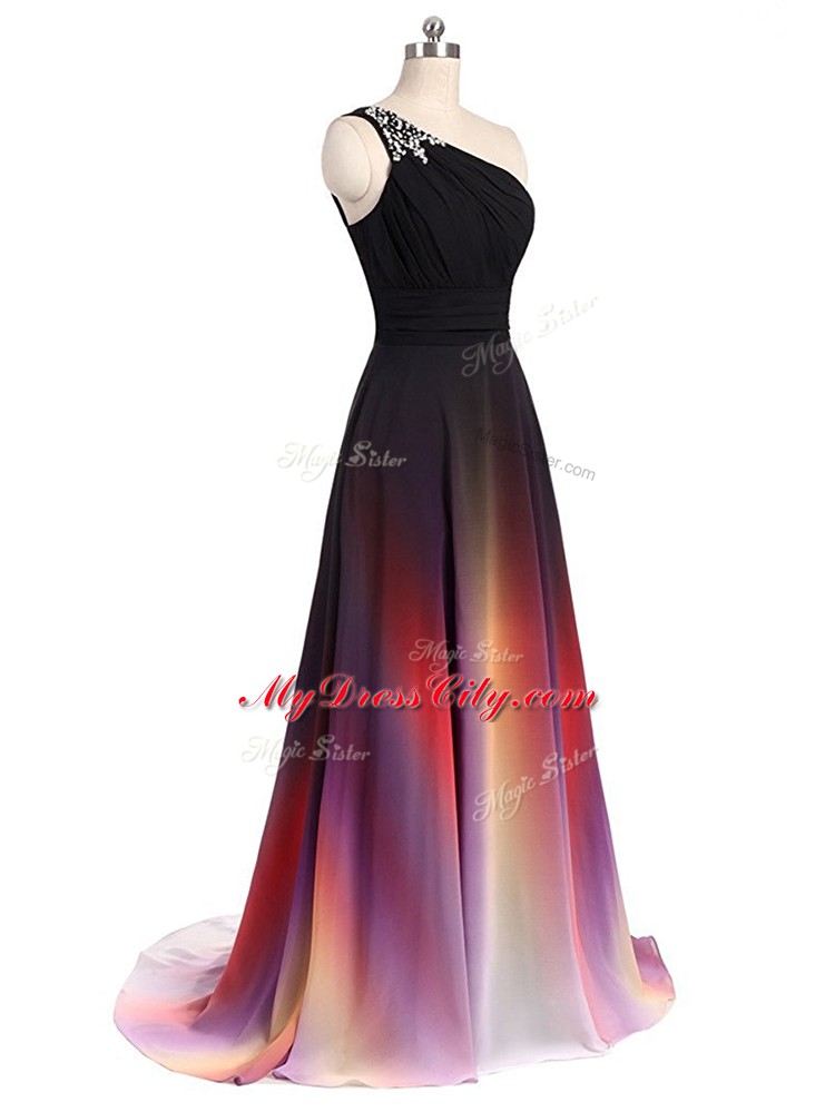 Multi-color Lace Up Prom Dresses Beading Sleeveless Brush Train