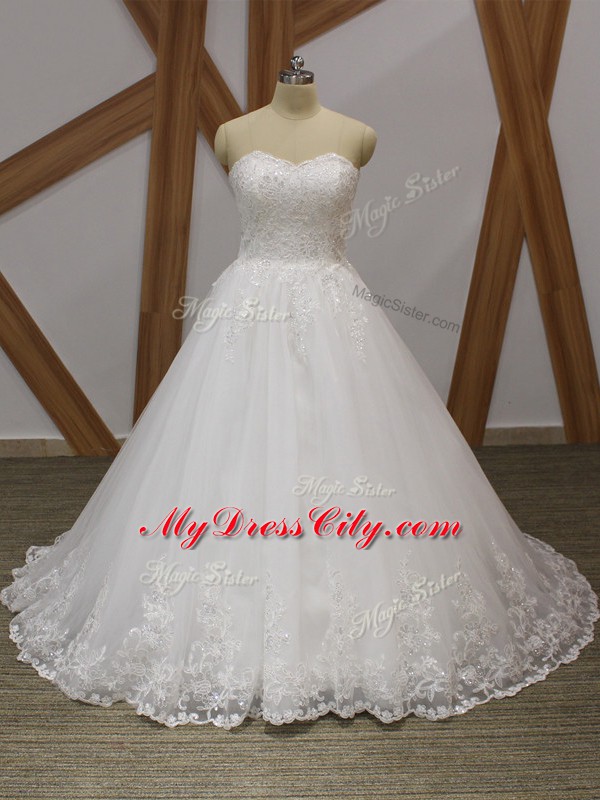 White Organza Lace Up Sweetheart Sleeveless Wedding Gowns Brush Train Lace and Appliques