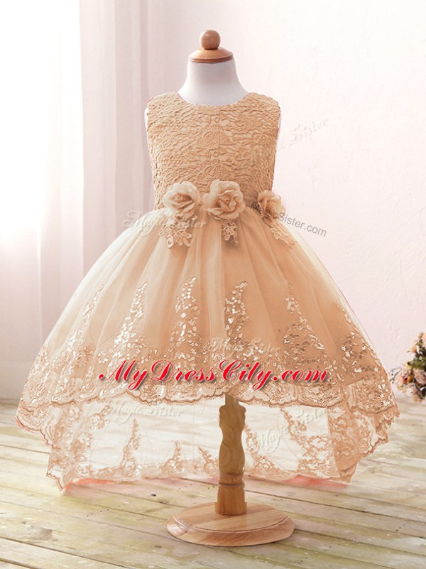 Champagne Little Girl Pageant Dress Wedding Party with Lace and Bowknot and Hand Made Flower Scoop Sleeveless Zipper