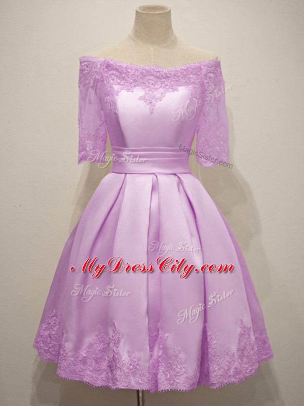 Glittering Lilac Vestidos de Damas Prom and Party and Wedding Party with Lace Off The Shoulder Half Sleeves Lace Up