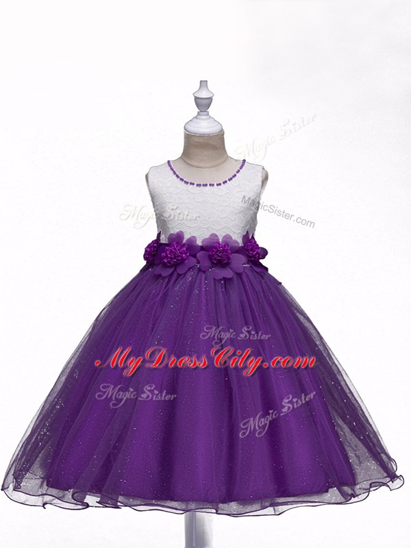 Purple Scoop Zipper Lace and Hand Made Flower Party Dress Sleeveless