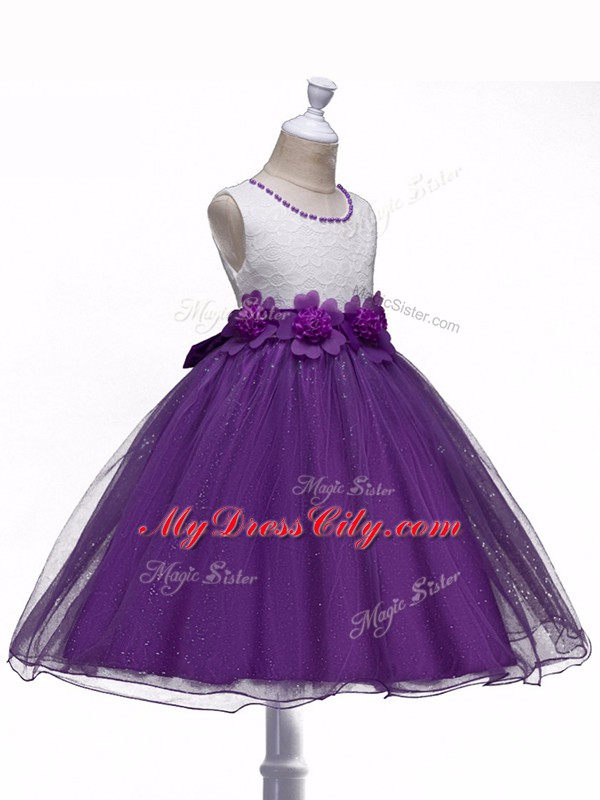 Purple Scoop Zipper Lace and Hand Made Flower Party Dress Sleeveless