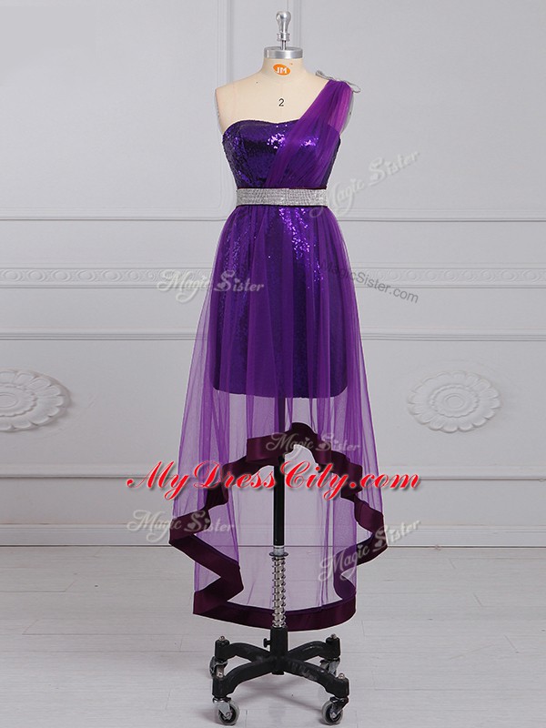 Fashionable Purple Empire One Shoulder Sleeveless Tulle and Sequined Zipper Beading Prom Dresses