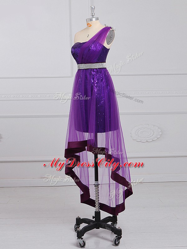 Fashionable Purple Empire One Shoulder Sleeveless Tulle and Sequined Zipper Beading Prom Dresses