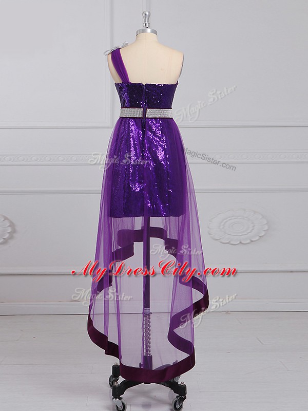 Fashionable Purple Empire One Shoulder Sleeveless Tulle and Sequined Zipper Beading Prom Dresses