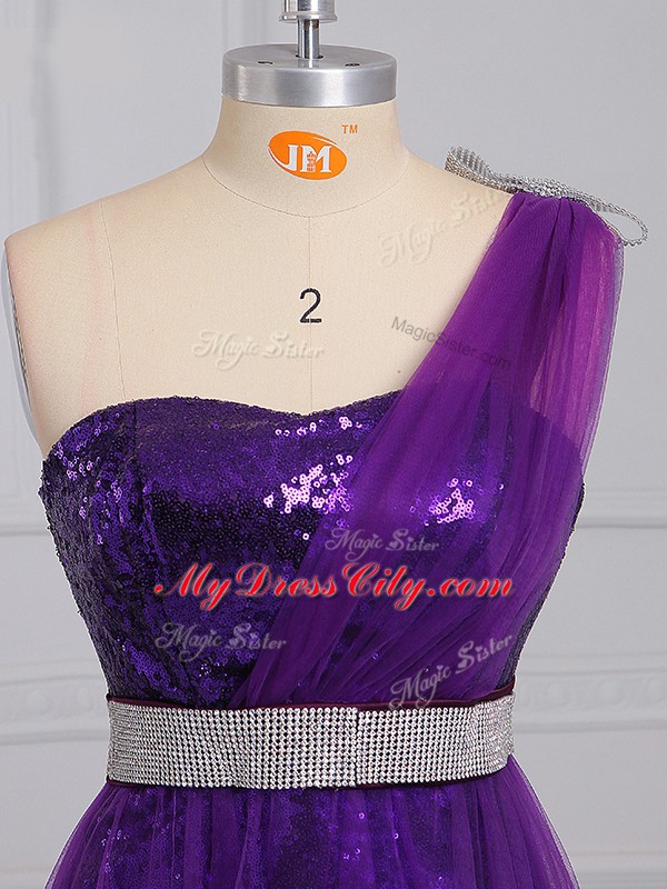 Fashionable Purple Empire One Shoulder Sleeveless Tulle and Sequined Zipper Beading Prom Dresses