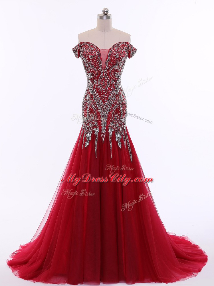 Wonderful Red Zipper Prom Gown Beading Sleeveless Brush Train