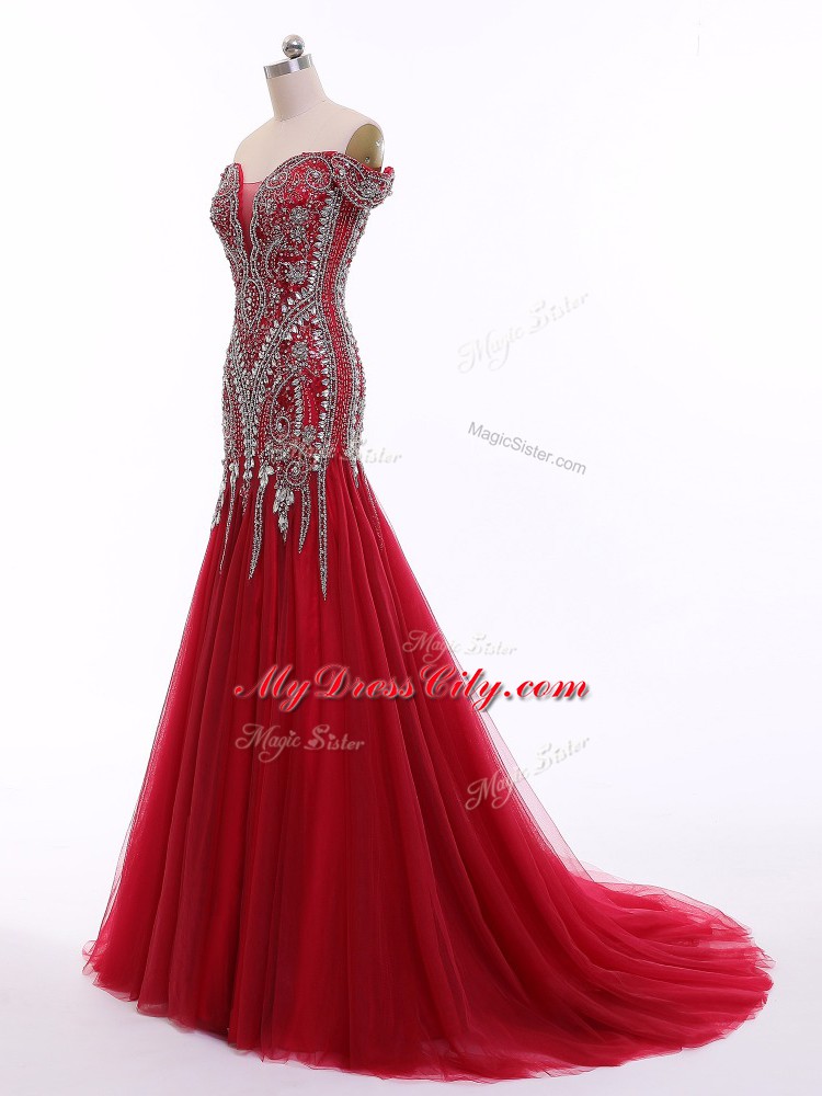 Wonderful Red Zipper Prom Gown Beading Sleeveless Brush Train