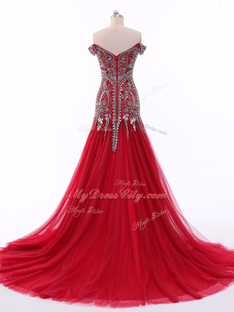 Wonderful Red Zipper Prom Gown Beading Sleeveless Brush Train