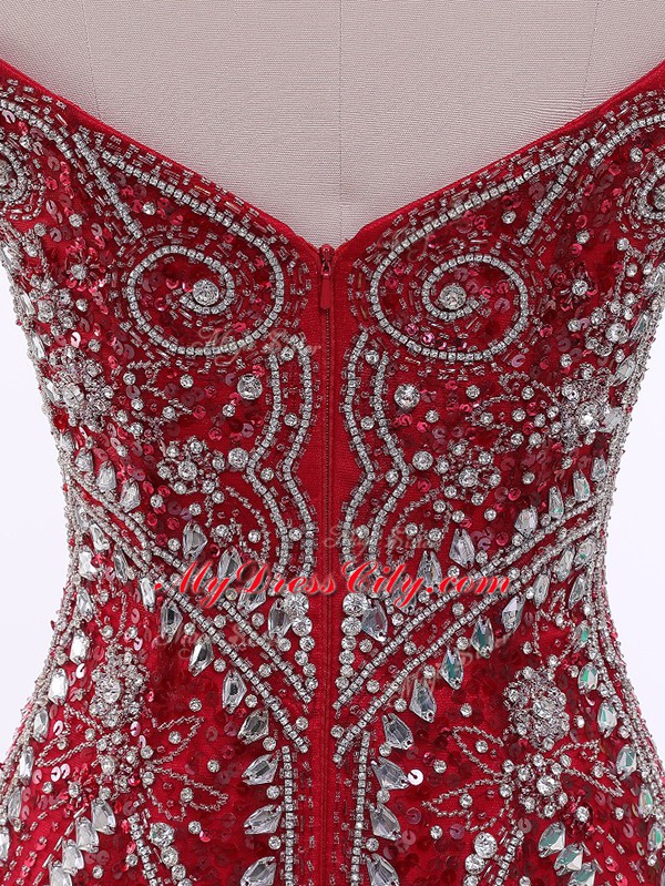 Wonderful Red Zipper Prom Gown Beading Sleeveless Brush Train