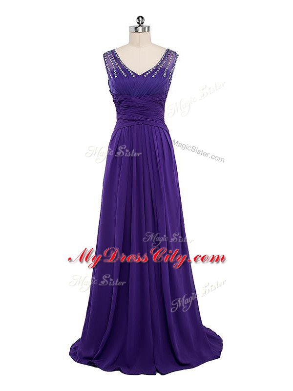 Purple Sleeveless Floor Length Beading and Ruching Side Zipper Evening Dress