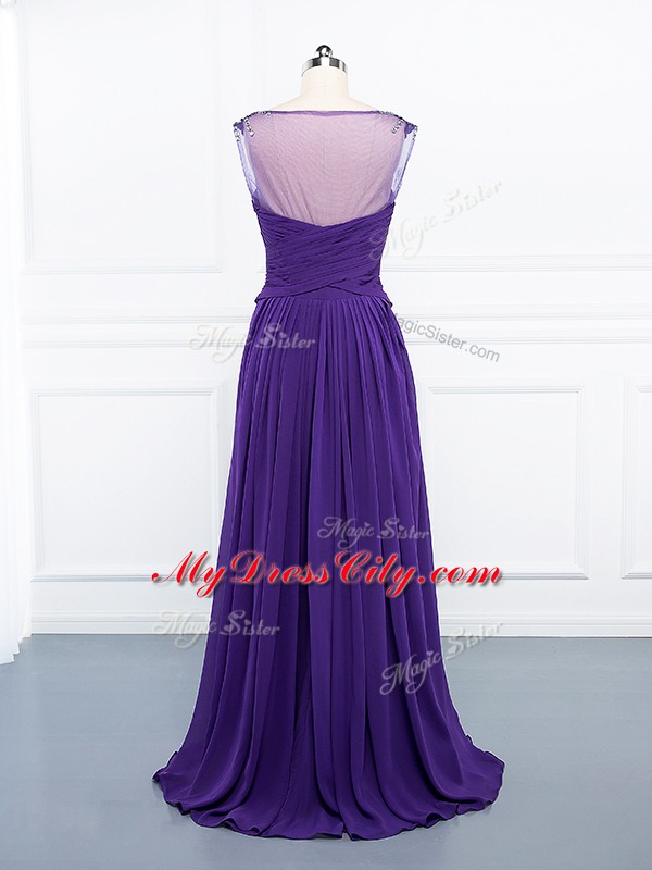 Purple Sleeveless Floor Length Beading and Ruching Side Zipper Evening Dress