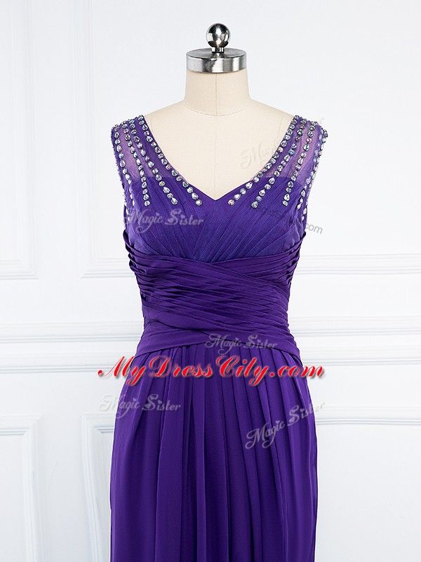 Purple Sleeveless Floor Length Beading and Ruching Side Zipper Evening Dress