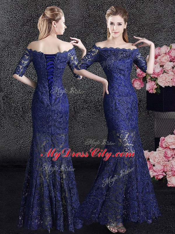 Mermaid Off the Shoulder Navy Blue Lace Lace Up Mother of Groom Dress Half Sleeves Floor Length Lace