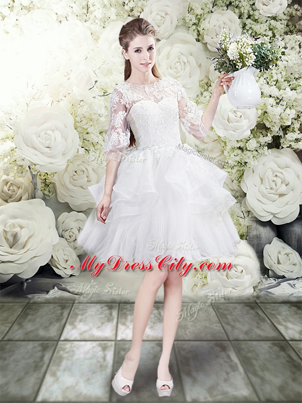 Half Sleeves Lace and Ruffles Lace Up Wedding Dresses with White Brush Train