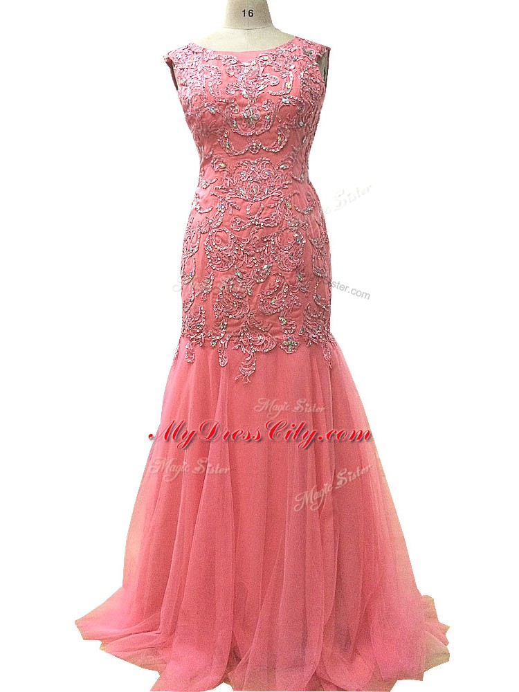 Dazzling Watermelon Red Zipper Evening Party Dresses Beading and Lace and Appliques Sleeveless Floor Length