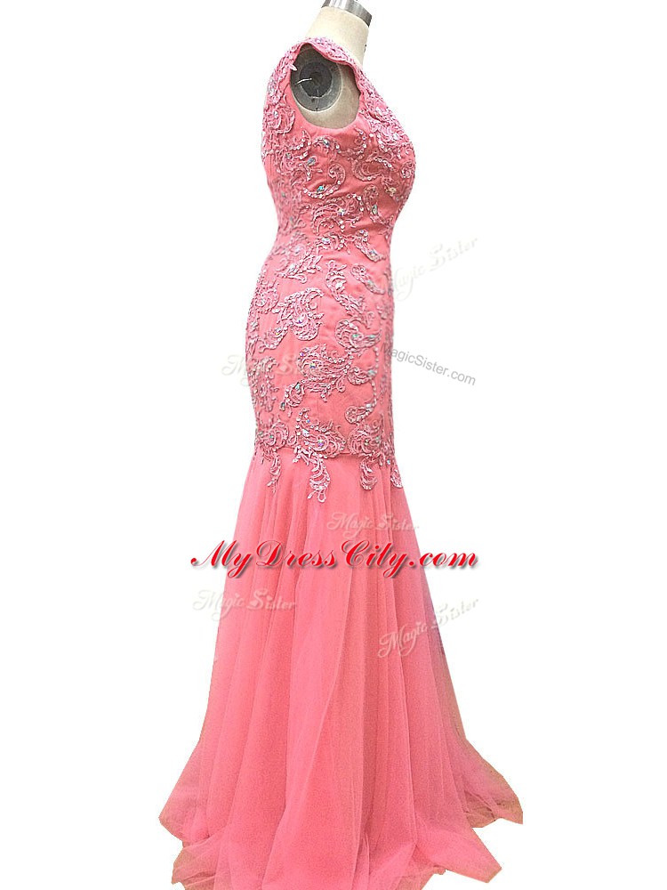 Dazzling Watermelon Red Zipper Evening Party Dresses Beading and Lace and Appliques Sleeveless Floor Length