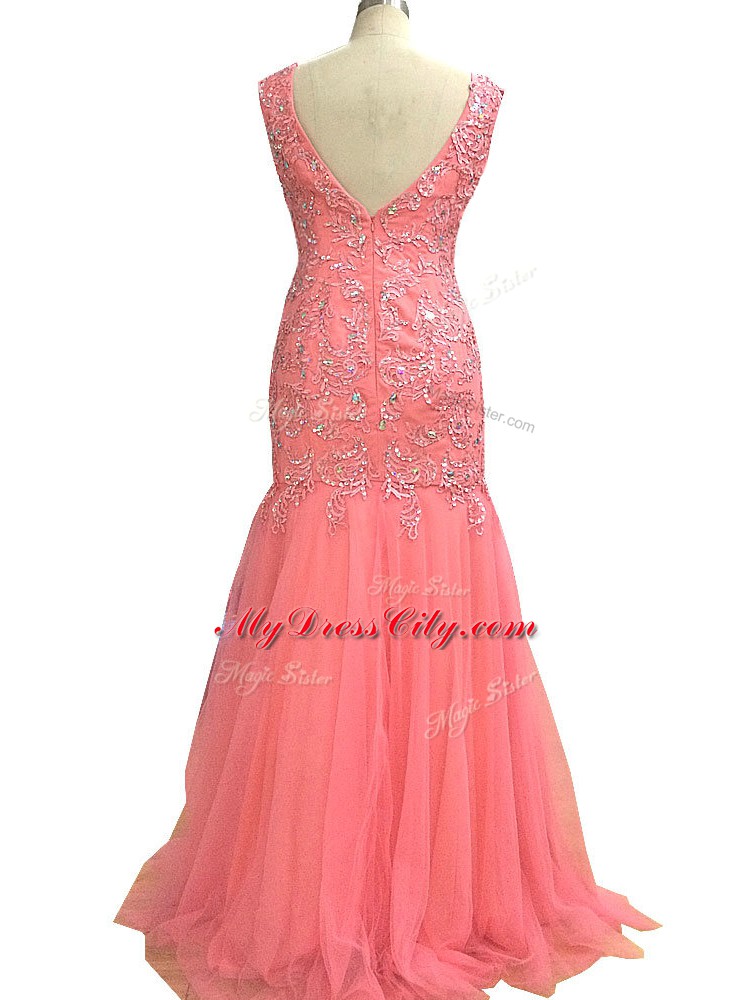 Dazzling Watermelon Red Zipper Evening Party Dresses Beading and Lace and Appliques Sleeveless Floor Length