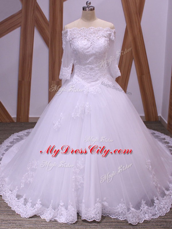 Captivating White Tulle Backless Wedding Dresses Half Sleeves Brush Train Lace