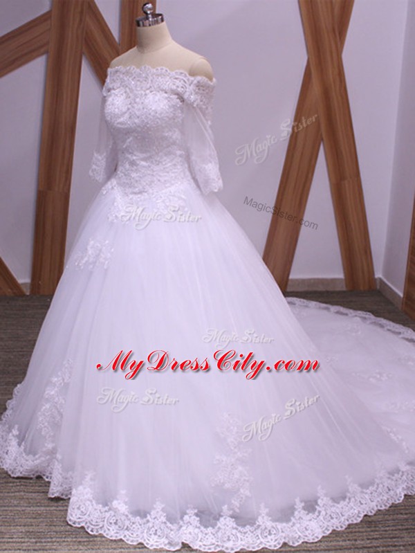 Captivating White Tulle Backless Wedding Dresses Half Sleeves Brush Train Lace