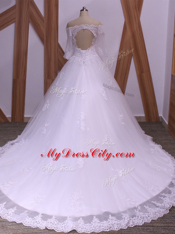 Captivating White Tulle Backless Wedding Dresses Half Sleeves Brush Train Lace