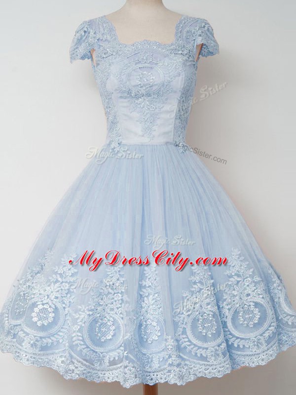 Hot Selling Light Blue Square Zipper Lace Bridesmaid Dresses Cap Sleeves