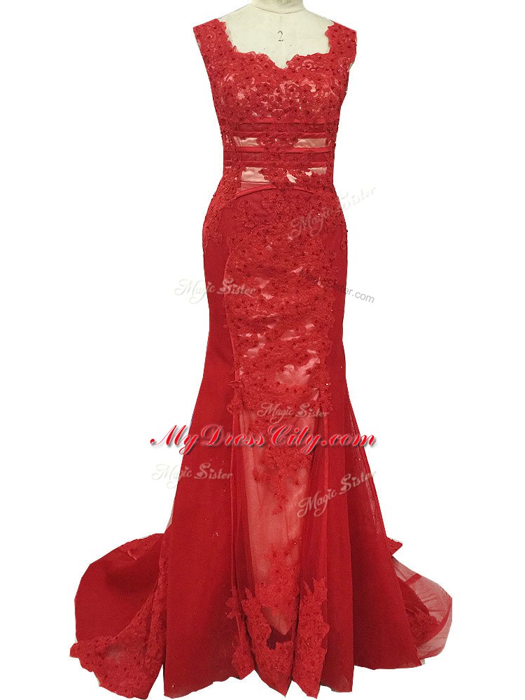 Red Zipper Mother of the Bride Dress Lace Sleeveless Brush Train