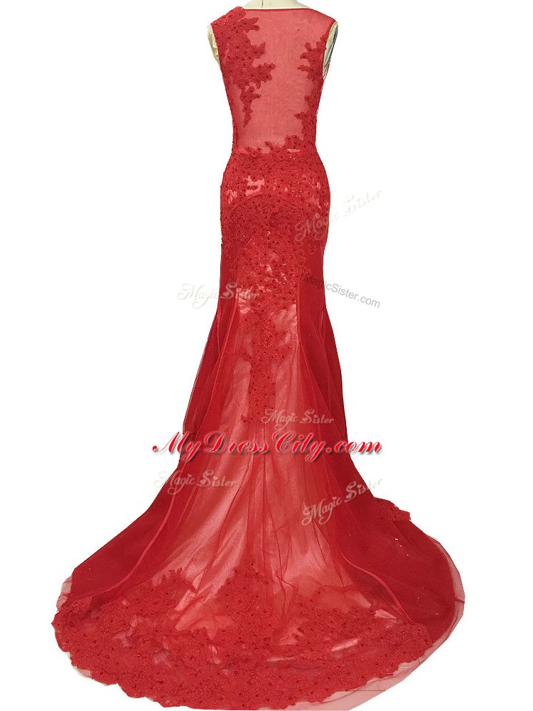 Red Zipper Mother of the Bride Dress Lace Sleeveless Brush Train