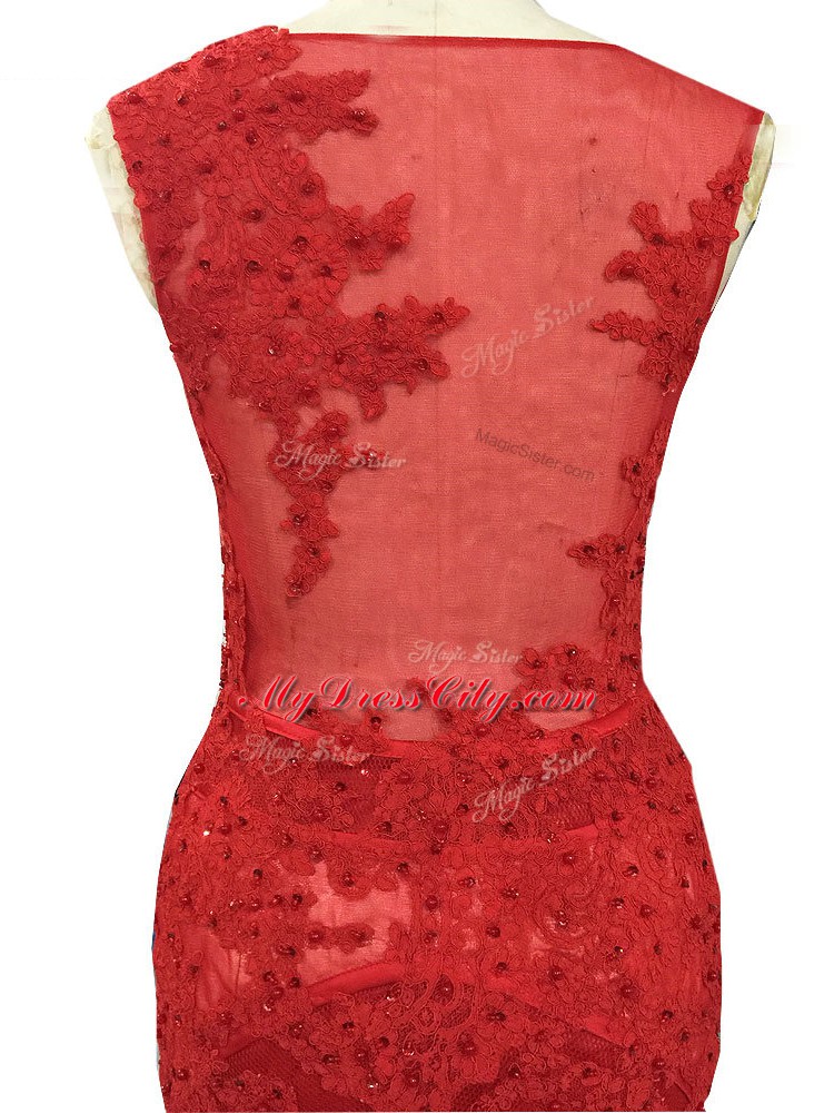 Red Zipper Mother of the Bride Dress Lace Sleeveless Brush Train