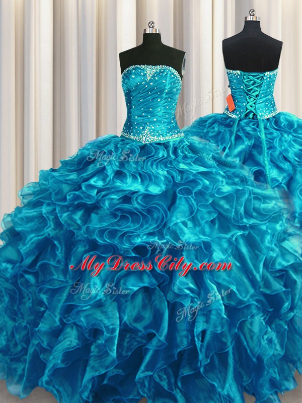 Amazing Teal Vestidos de Quinceanera Military Ball and Sweet 16 and Quinceanera with Beading and Ruffles Strapless Sleeveless Lace Up