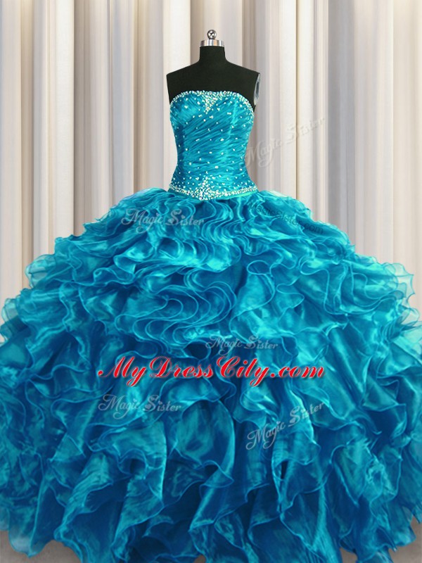 Amazing Teal Vestidos de Quinceanera Military Ball and Sweet 16 and Quinceanera with Beading and Ruffles Strapless Sleeveless Lace Up