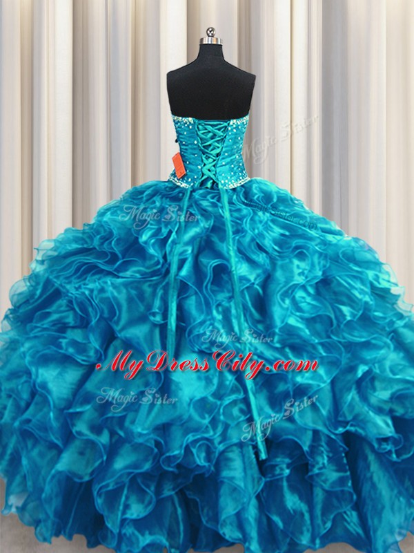 Amazing Teal Vestidos de Quinceanera Military Ball and Sweet 16 and Quinceanera with Beading and Ruffles Strapless Sleeveless Lace Up