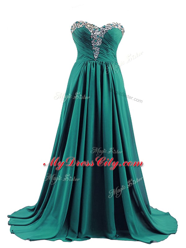 Beading Prom Gown Turquoise Lace Up Sleeveless Brush Train