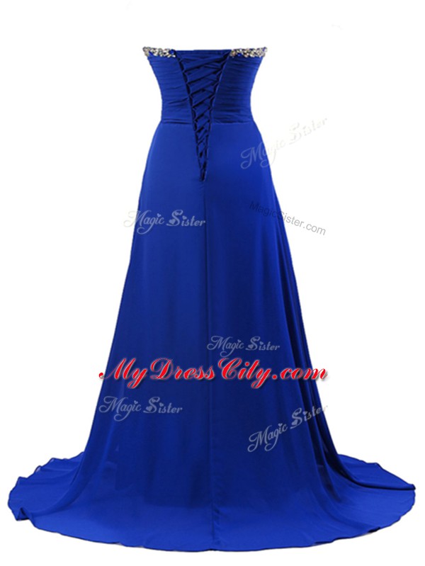 Beading Prom Gown Turquoise Lace Up Sleeveless Brush Train