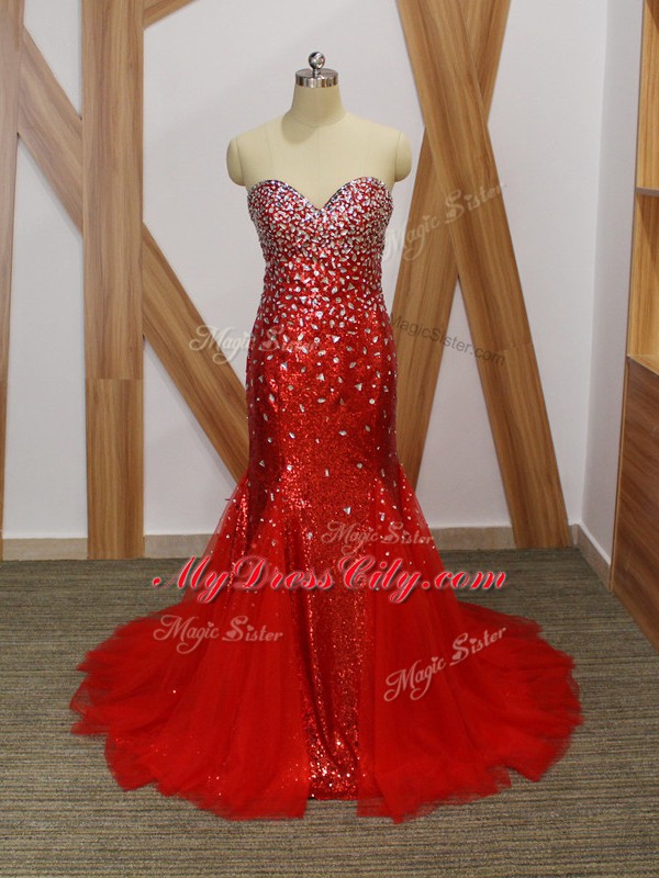 Latest Red Tulle Zipper Prom Evening Gown Sleeveless Floor Length Beading