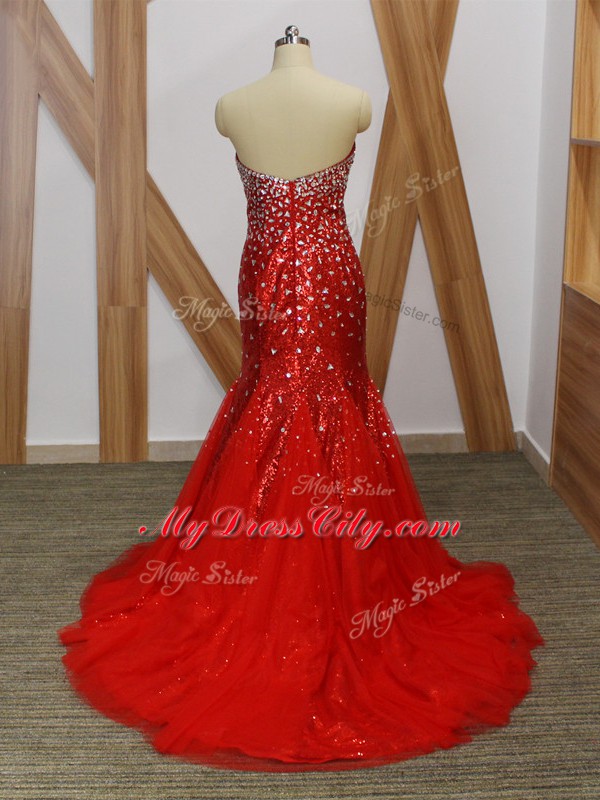 Latest Red Tulle Zipper Prom Evening Gown Sleeveless Floor Length Beading