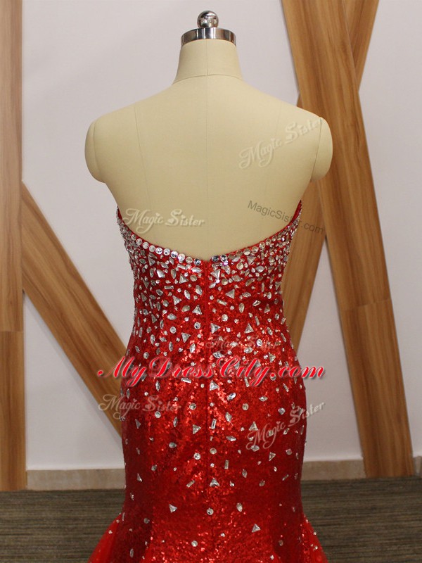 Latest Red Tulle Zipper Prom Evening Gown Sleeveless Floor Length Beading