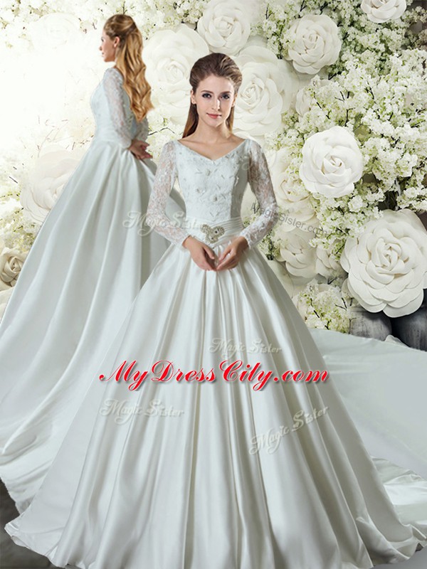 Wonderful White Wedding Gowns Taffeta Chapel Train Long Sleeves Lace and Belt