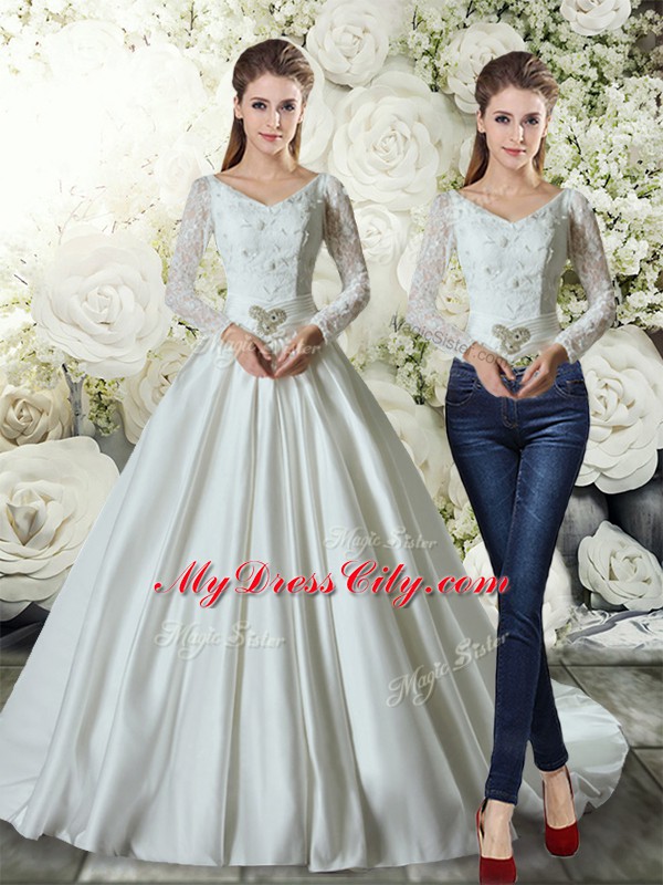 Wonderful White Wedding Gowns Taffeta Chapel Train Long Sleeves Lace and Belt