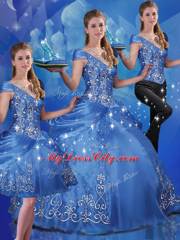 Blue Vestidos de Quinceanera Military Ball and Sweet 16 and Quinceanera with Beading and Embroidery Off The Shoulder Cap Sleeves Lace Up