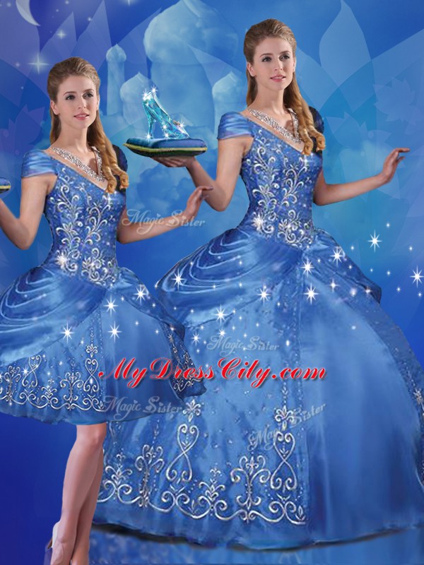 Blue Vestidos de Quinceanera Military Ball and Sweet 16 and Quinceanera with Beading and Embroidery Off The Shoulder Cap Sleeves Lace Up