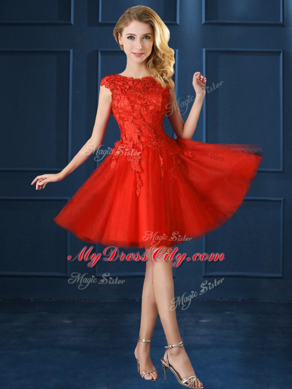 Knee Length A-line Cap Sleeves Red Vestidos de Damas Lace Up